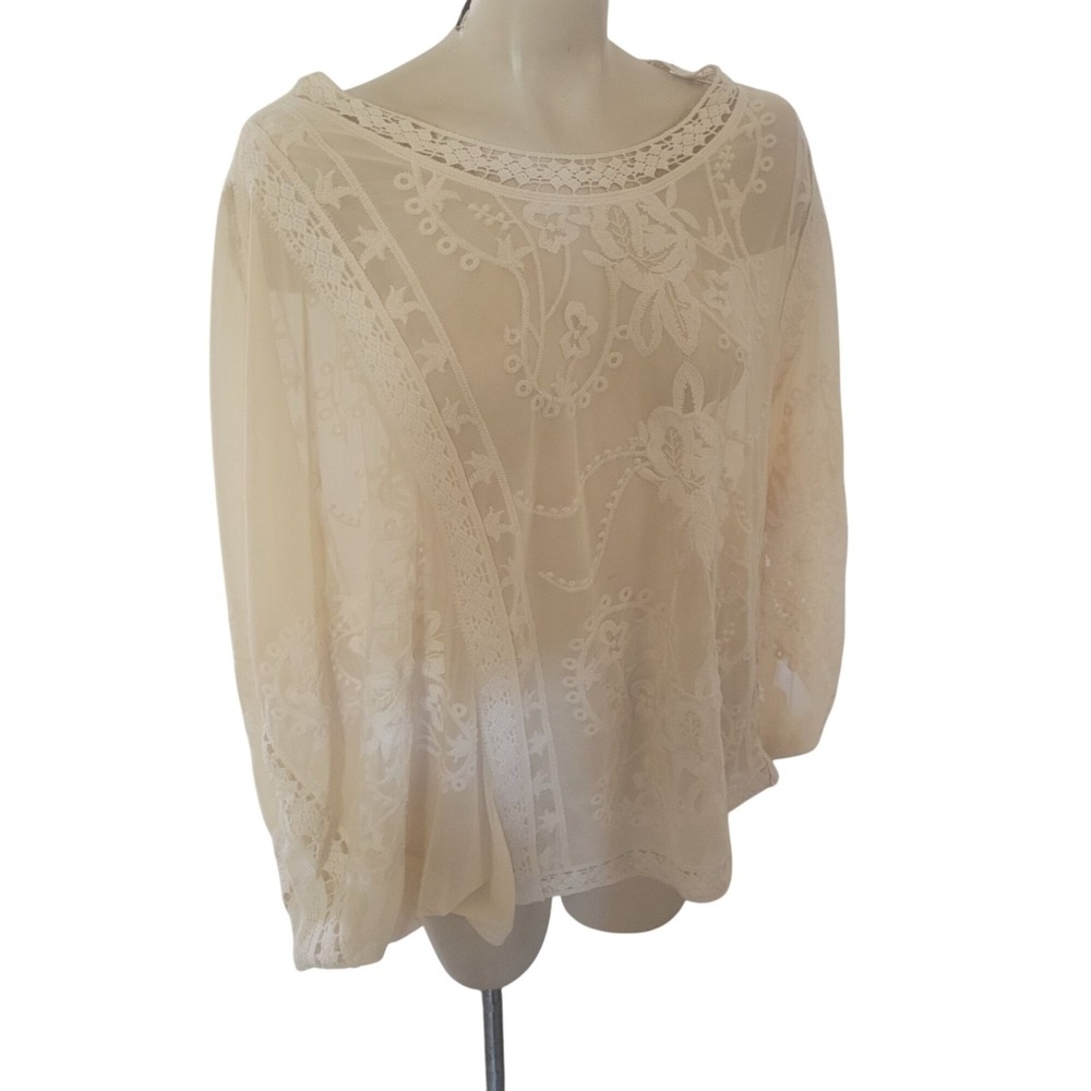 UMGEE Vintage-Inspired Sheer Beige Lace Blouse Floral Embroidery M Bohemian Chic